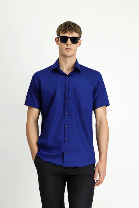 Medium Navy Short Sleeve Regular Fit Cotton Non-Iron Shirt