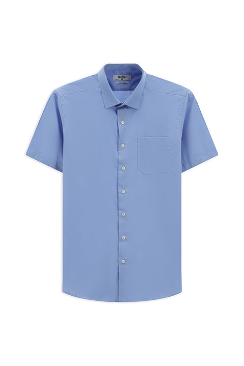 Açık Mavi Kısa Kol Regular Fit Pamuklu Non Iron Gömlek