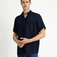 Dark Navy Short Sleeve Regular Fit Button-Down Collar Linen Shirt