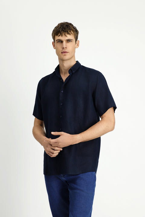 Dark Navy Short Sleeve Regular Fit Button-Down Collar Linen Shirt