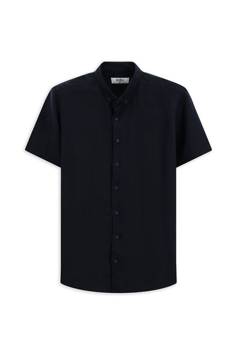 Dark Navy Short Sleeve Regular Fit Button-Down Collar Linen Shirt