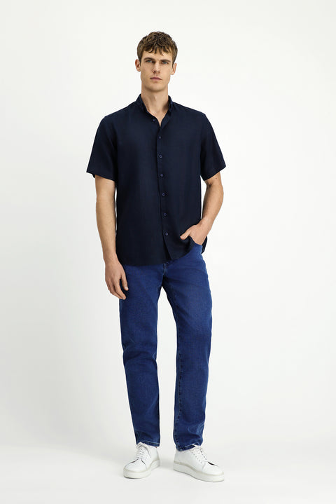 Dark Navy Short Sleeve Regular Fit Button-Down Collar Linen Shirt