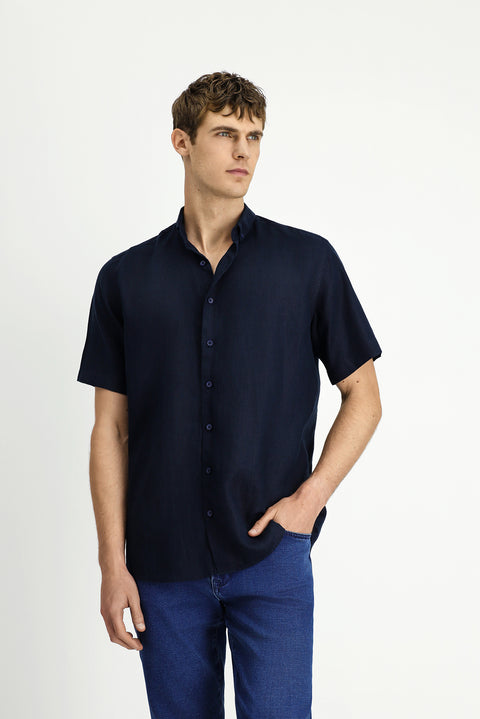 Dark Navy Short Sleeve Regular Fit Button-Down Collar Linen Shirt