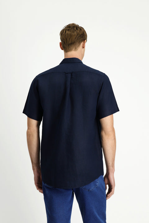 Dark Navy Short Sleeve Regular Fit Button-Down Collar Linen Shirt