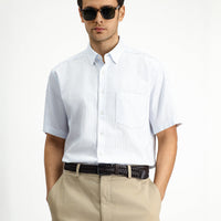 Light Blue Short Sleeve Regular Fit Cotton Striped Shirt