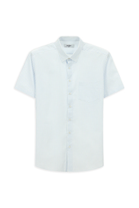 Light Blue Short Sleeve Regular Fit Cotton Striped Shirt