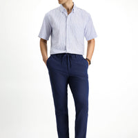Blue Short-Sleeve Regular Fit Cotton Striped Shirt