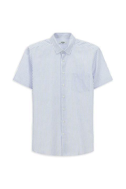 Blue Short-Sleeve Regular Fit Cotton Striped Shirt
