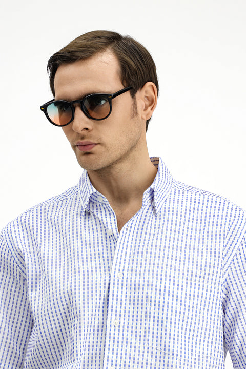 Blue Short-Sleeve Regular Fit Cotton Striped Shirt