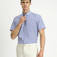 Blue Short Sleeve Regular Fit Striped Cotton Easy-Iron Shirt