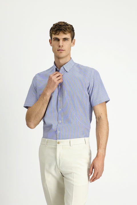 Blue Short Sleeve Regular Fit Striped Cotton Easy-Iron Shirt