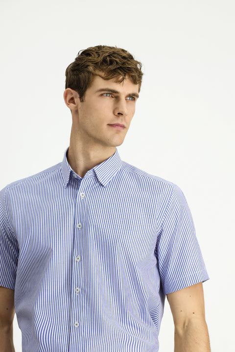 Blue Short Sleeve Regular Fit Striped Cotton Easy-Iron Shirt