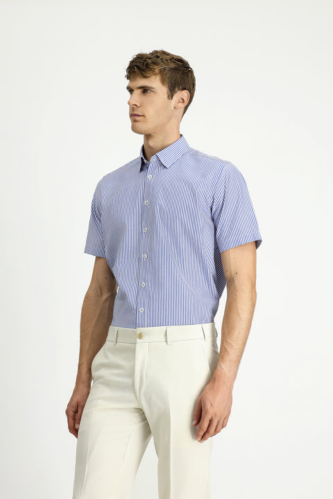 Blue Short Sleeve Regular Fit Striped Cotton Easy-Iron Shirt
