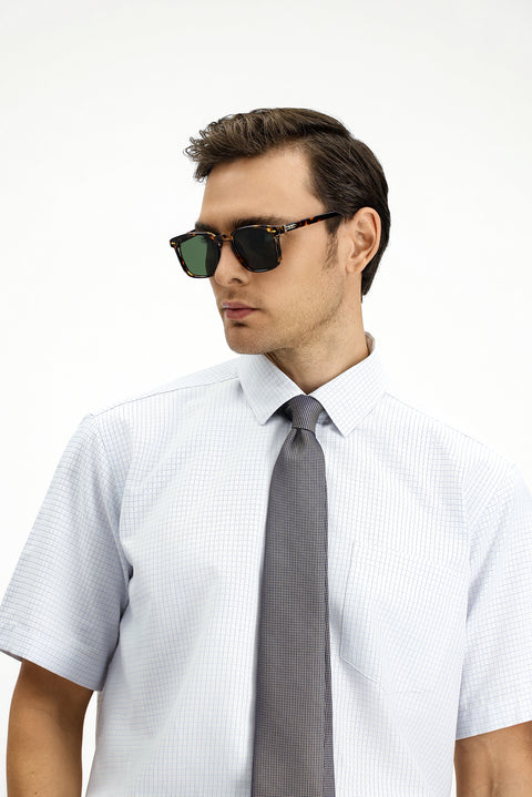 Light Blue Short Sleeve Regular Fit Plaid Cotton Easy-Iron Shirt