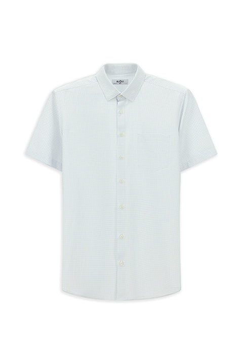 Light Blue Short Sleeve Regular Fit Plaid Cotton Easy-Iron Shirt
