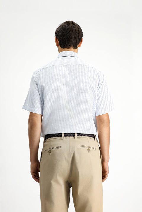 Light Blue Short Sleeve Regular Fit Plaid Cotton Easy-Iron Shirt