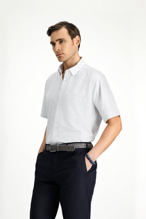 White Short Sleeve Regular Fit Plaid Cotton Easy-Iron Shirt
