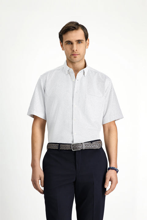 White Short Sleeve Regular Fit Plaid Cotton Easy-Iron Shirt