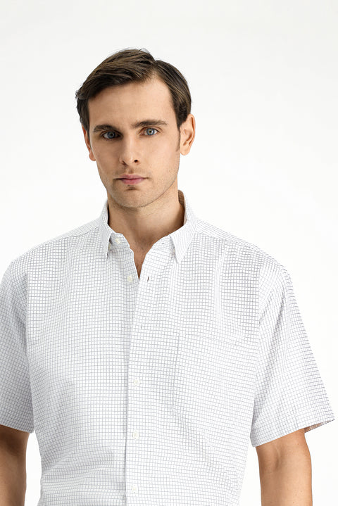White Short Sleeve Regular Fit Plaid Cotton Easy-Iron Shirt