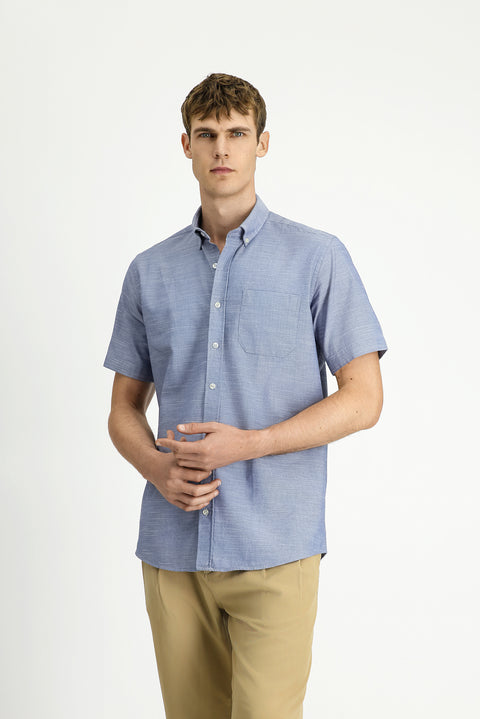Medium Navy Short Sleeve Regular Fit Button-Down Collar Cotton Shirt