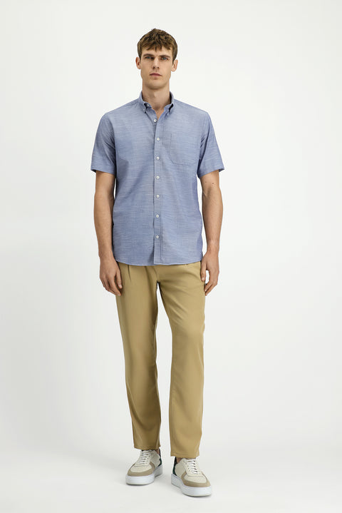 Medium Navy Short Sleeve Regular Fit Button-Down Collar Cotton Shirt