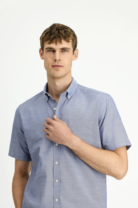 Medium Navy Short Sleeve Regular Fit Button-Down Collar Cotton Shirt