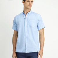 Light Blue Short Sleeve Relaxed Fit Button-Down Collar Linen-Look Cotton Sport Shirt