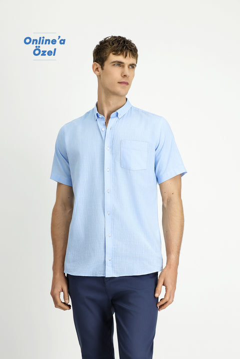 Light Blue Short Sleeve Relaxed Fit Button-Down Collar Linen-Look Cotton Sport Shirt