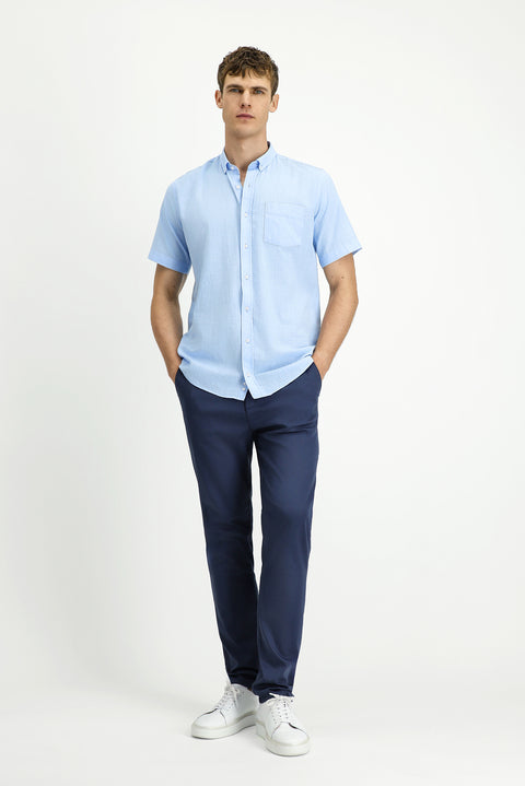 Light Blue Short Sleeve Relaxed Fit Button-Down Collar Linen-Look Cotton Sport Shirt
