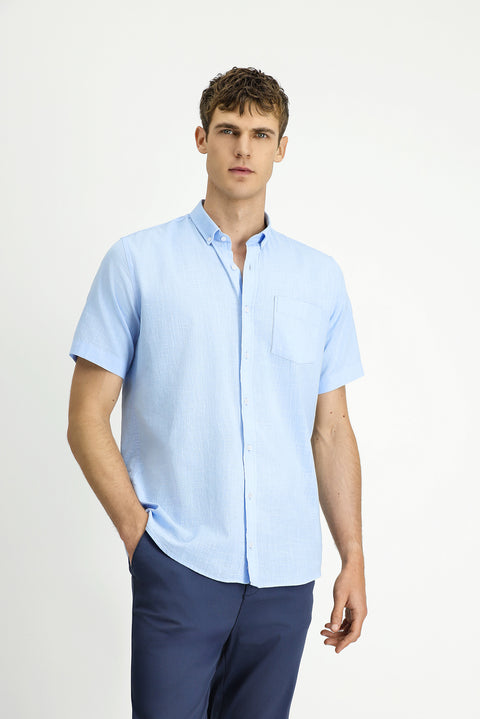 Light Blue Short Sleeve Relaxed Fit Button-Down Collar Linen-Look Cotton Sport Shirt