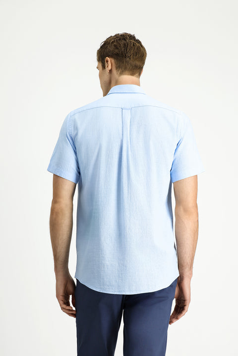 Light Blue Short Sleeve Relaxed Fit Button-Down Collar Linen-Look Cotton Sport Shirt