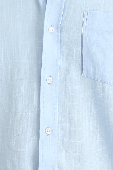 Light Blue Short Sleeve Relaxed Fit Button-Down Collar Linen-Look Cotton Sport Shirt
