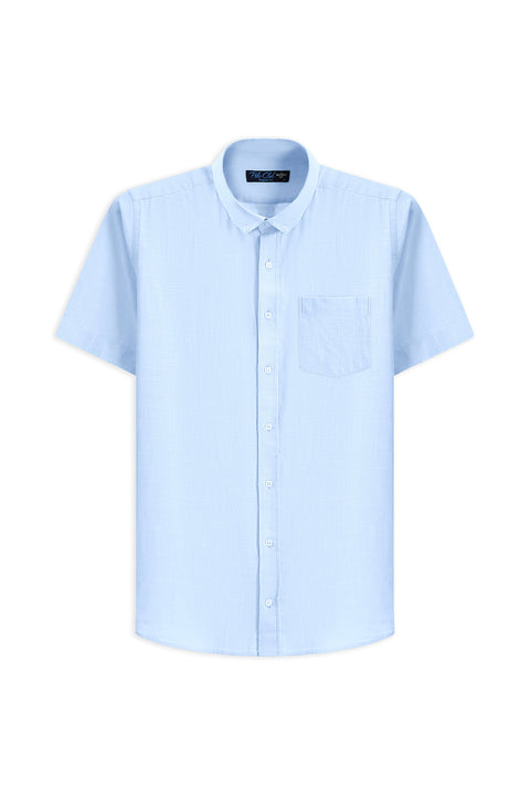 Light Blue Short Sleeve Relaxed Fit Button-Down Collar Linen-Look Cotton Sport Shirt