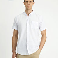 White Short Sleeve Relaxed Fit Button-Down Collar Linen-Look Cotton Sport Shirt