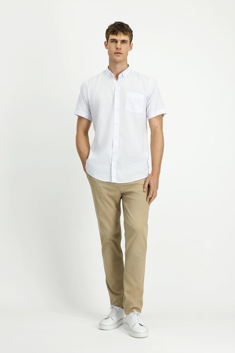 White Short Sleeve Relaxed Fit Button-Down Collar Linen-Look Cotton Sport Shirt