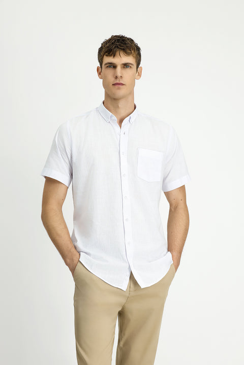 White Short Sleeve Relaxed Fit Button-Down Collar Linen-Look Cotton Sport Shirt
