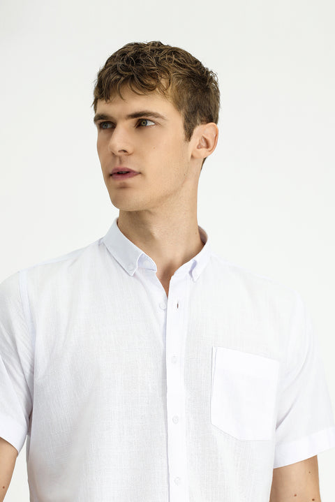 White Short Sleeve Relaxed Fit Button-Down Collar Linen-Look Cotton Sport Shirt