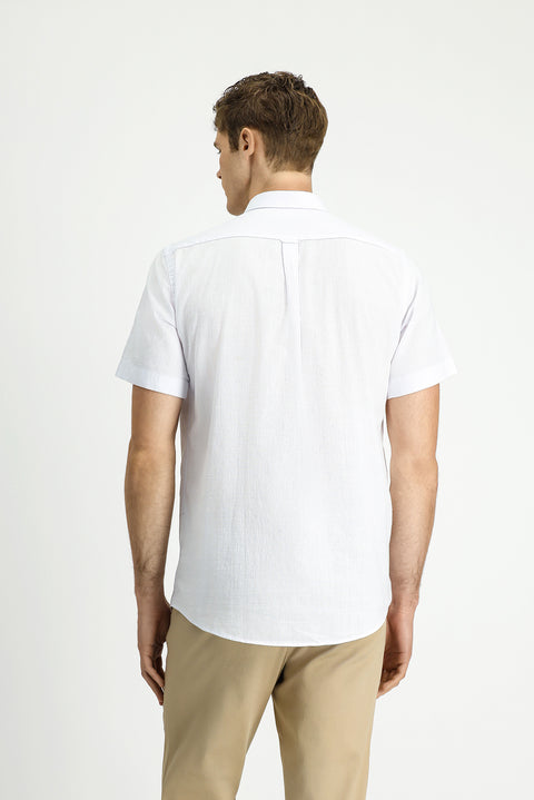 White Short Sleeve Relaxed Fit Button-Down Collar Linen-Look Cotton Sport Shirt