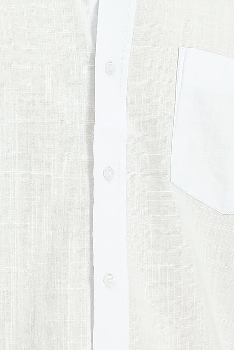White Short Sleeve Relaxed Fit Button-Down Collar Linen-Look Cotton Sport Shirt