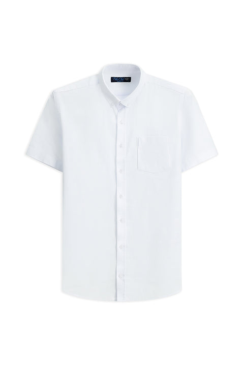 White Short Sleeve Relaxed Fit Button-Down Collar Linen-Look Cotton Sport Shirt