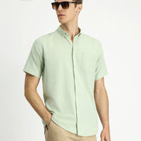 Aqua Green Short Sleeve Relaxed Fit Button-Down Collar Linen-Look Cotton Sport Shirt