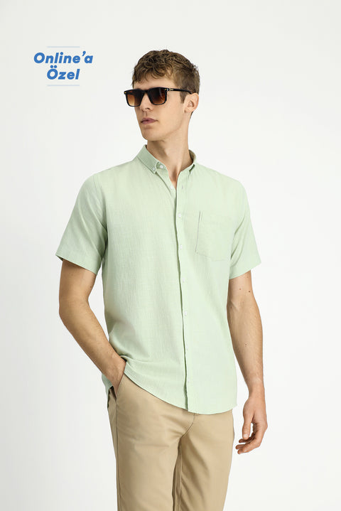 Aqua Green Short Sleeve Relaxed Fit Button-Down Collar Linen-Look Cotton Sport Shirt