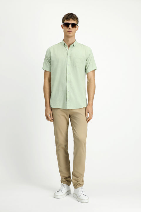 Aqua Green Short Sleeve Relaxed Fit Button-Down Collar Linen-Look Cotton Sport Shirt
