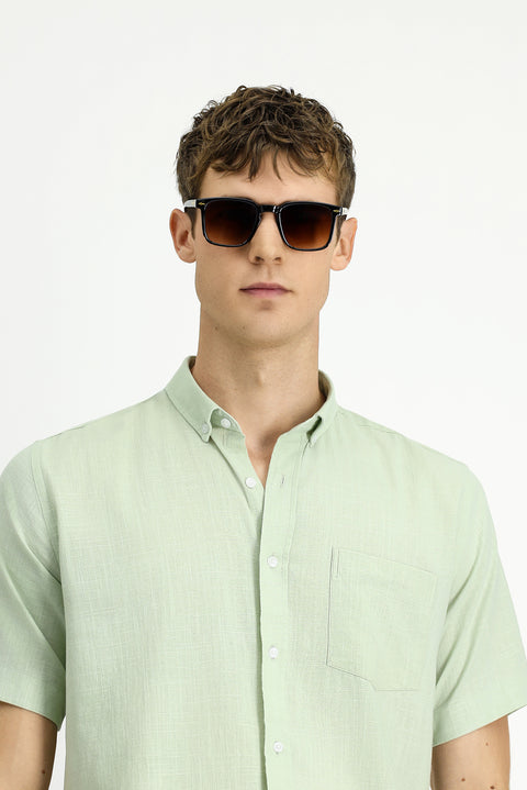 Aqua Green Short Sleeve Relaxed Fit Button-Down Collar Linen-Look Cotton Sport Shirt