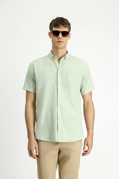 Aqua Green Short Sleeve Relaxed Fit Button-Down Collar Linen-Look Cotton Sport Shirt