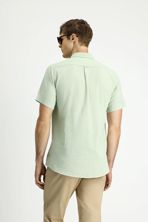 Aqua Green Short Sleeve Relaxed Fit Button-Down Collar Linen-Look Cotton Sport Shirt