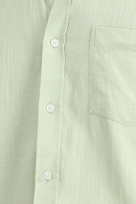 Aqua Green Short Sleeve Relaxed Fit Button-Down Collar Linen-Look Cotton Sport Shirt