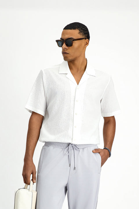 White Short Sleeve Regular Fit Sporty Patterned Cotton Waffle Shirt