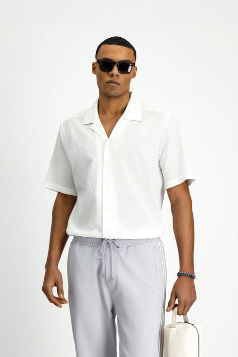 White Short Sleeve Regular Fit Sporty Patterned Cotton Waffle Shirt