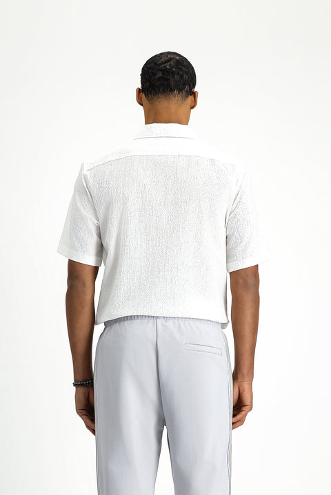 White Short Sleeve Regular Fit Sporty Patterned Cotton Waffle Shirt